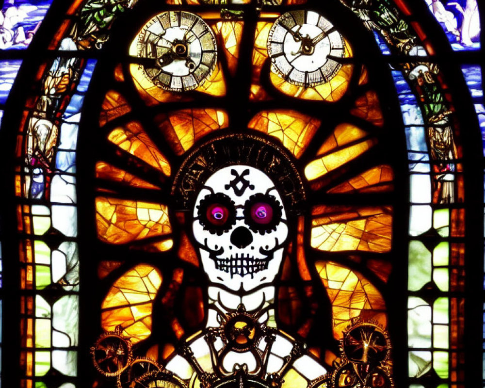 Colorful Stained Glass Window with Skull, Purple Eyes, and Clock Gears