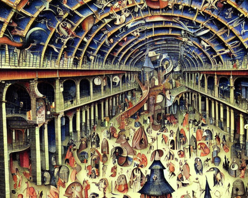 Detailed painting of chaotic human figures under celestial canopy