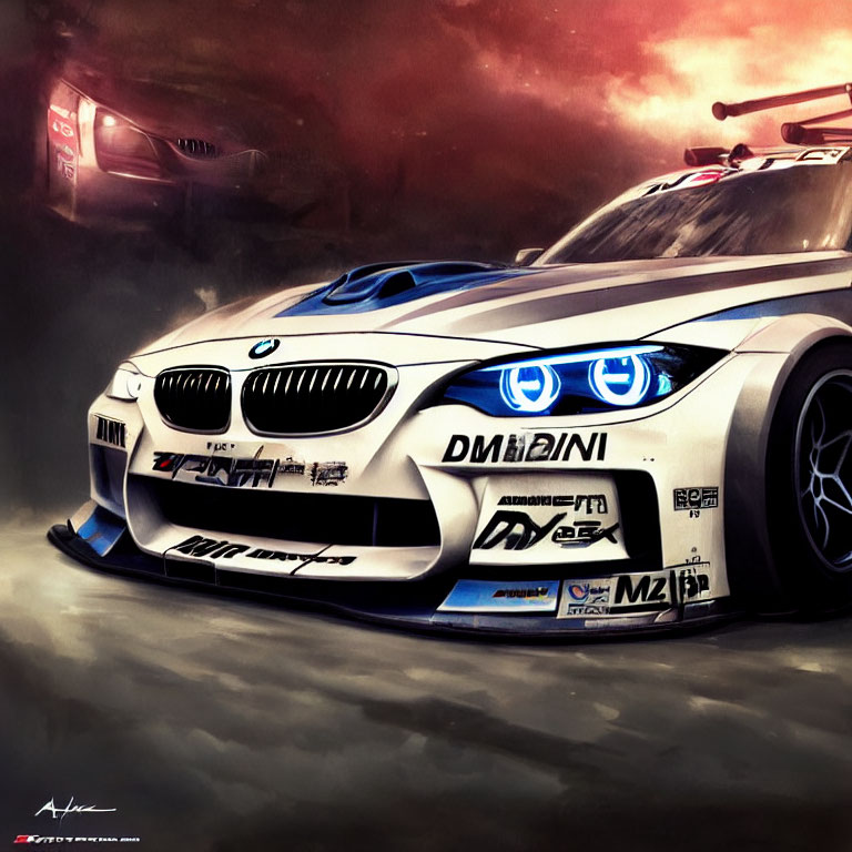 Digital Artwork of BMW Racing Car with Aggressive Bodywork and Sponsor Logos