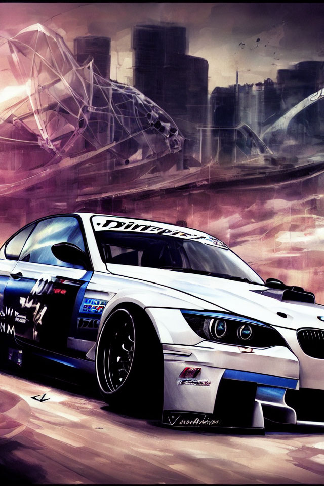 Stylized illustration of modified BMW race car with sponsor decals in high-speed cityscape.