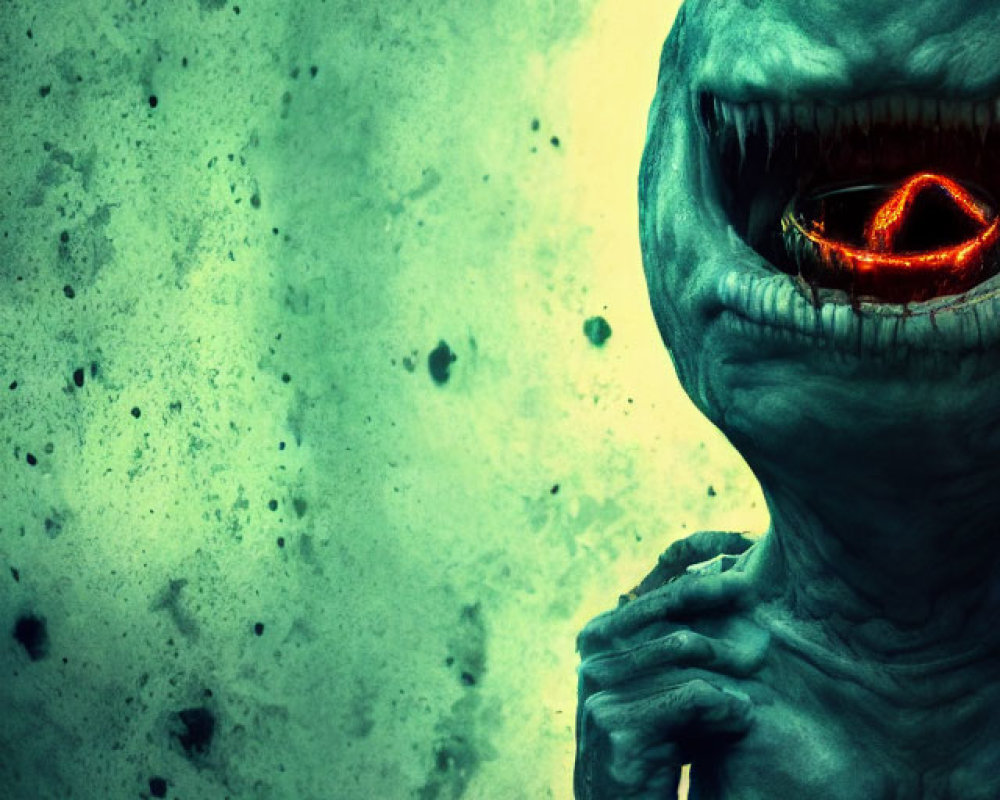 Glowing red-eyed alien creature on green background