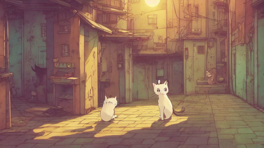 Cozy alley scene with two cats amidst glowing windows