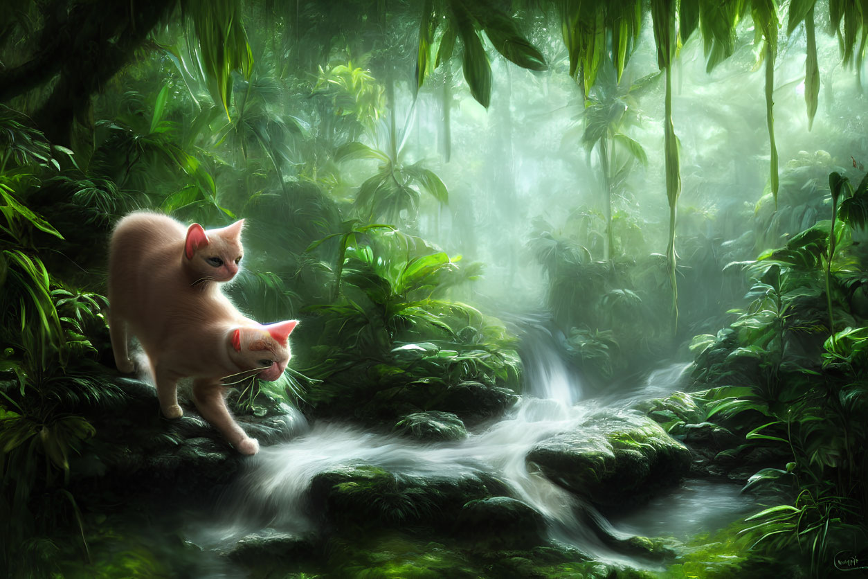 White Cats with Pink Noses on Moss-Covered Rocks in Misty Forest