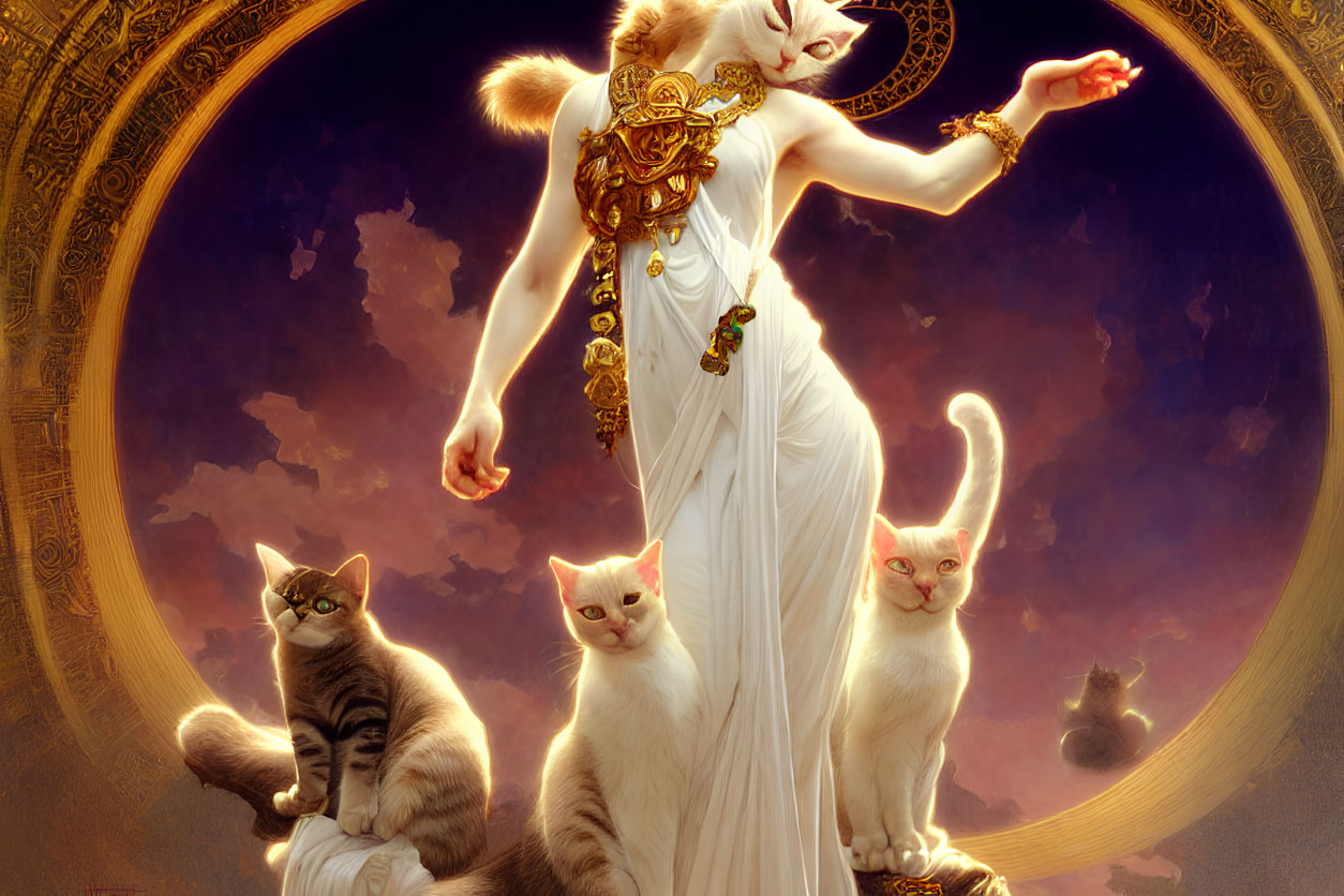 Anthropomorphized cat in white dress with gold, posing with three cats against celestial backdrop
