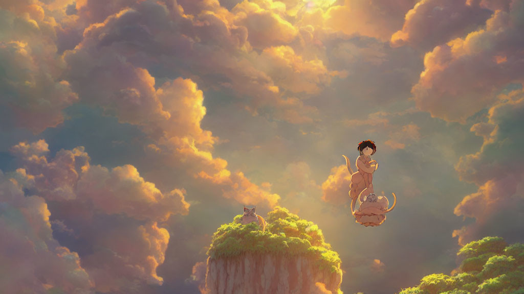 Child and small animal floating in golden clouds above lush green island