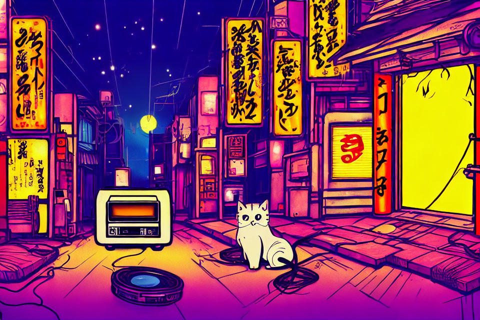 Colorful night street scene with neon signs, cat, and retro TV.