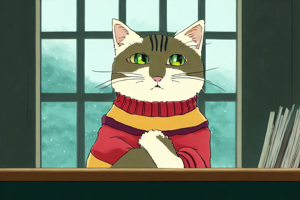 Green-eyed animated cat in red and yellow sweater by snowy window