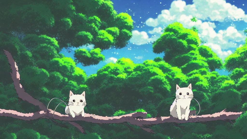 Two animated cats on tree branch with lush green foliage and blue sky.