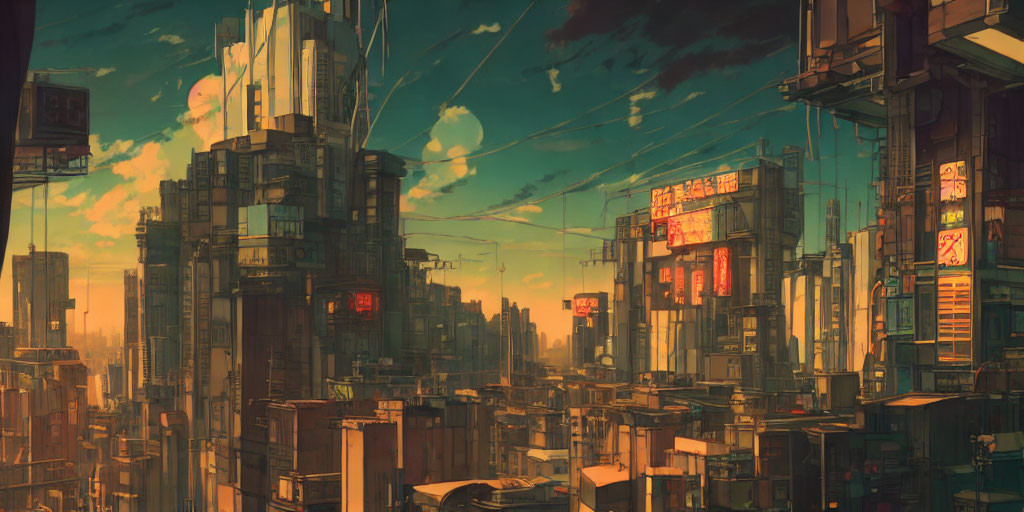 Futuristic cityscape with towering buildings and neon signs