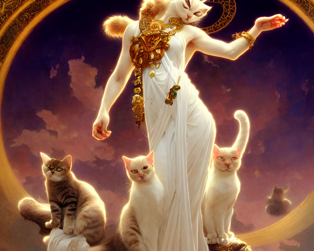Anthropomorphized cat in white dress with gold, posing with three cats against celestial backdrop