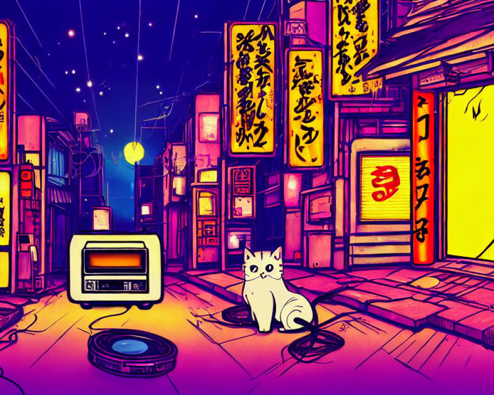 Colorful night street scene with neon signs, cat, and retro TV.