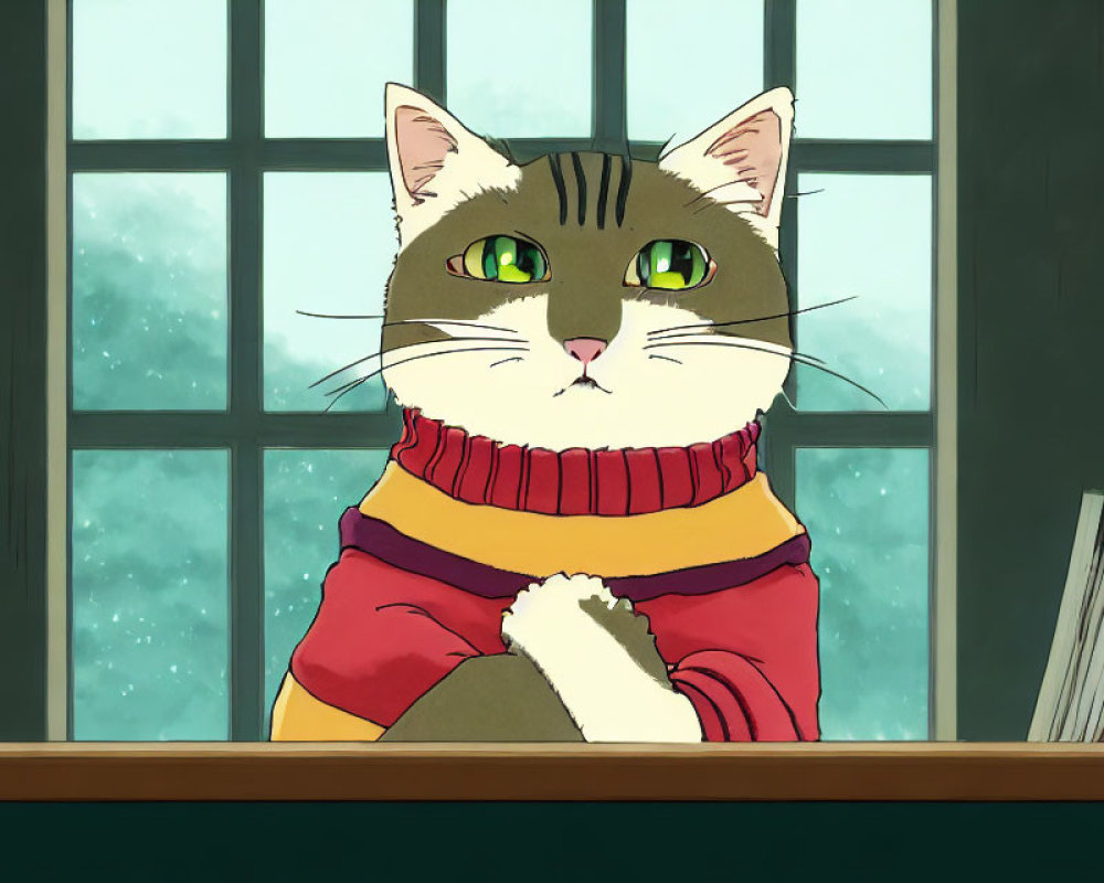 Green-eyed animated cat in red and yellow sweater by snowy window