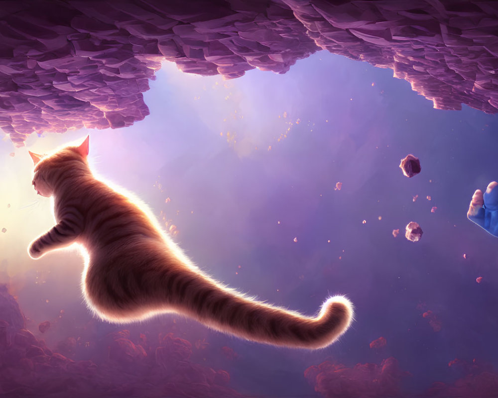 Ginger Cat in Purple Cosmic Space with Floating Rocks