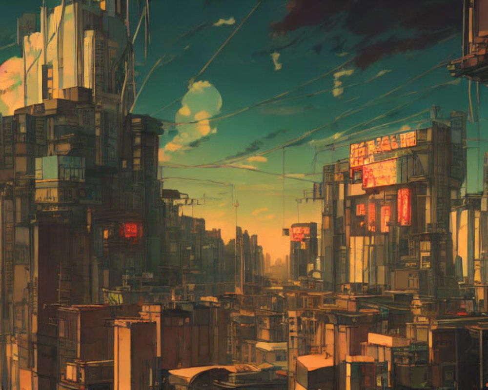 Futuristic cityscape with towering buildings and neon signs