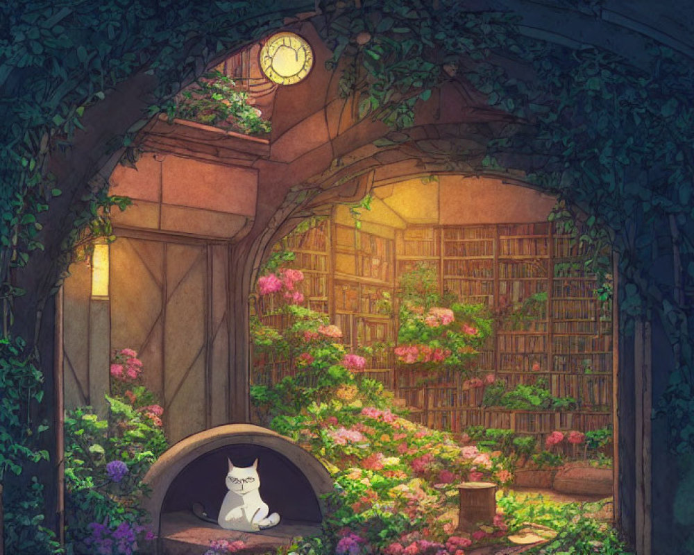 Warmly lit arch-shaped library nook with books, plants, clock, and cat