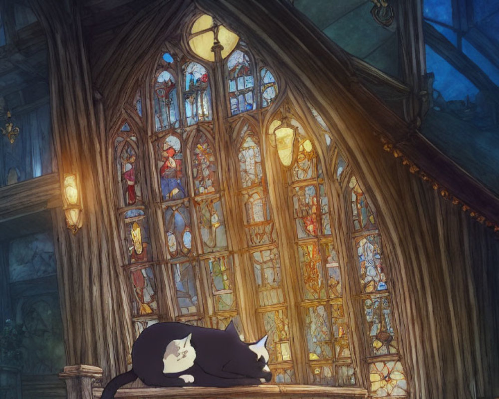 Illustrated black cat sleeping on wooden ledge in dimly lit room with stained glass window