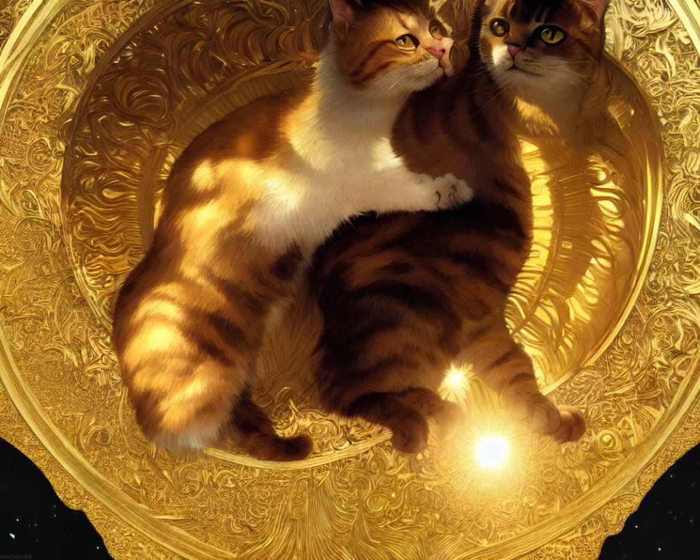 Two cats in celestial design with stars and glowing orb