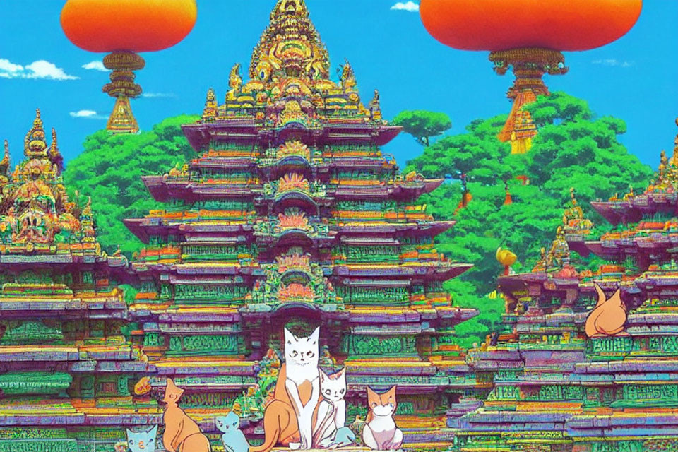 Whimsical temple illustration with lounging cats and floating orange islands