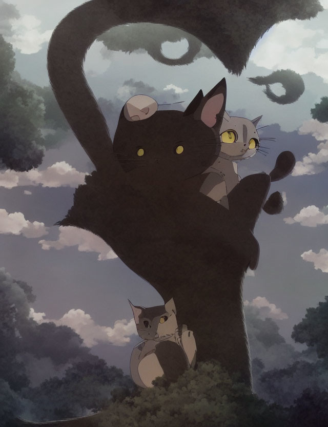 Three curious cats on gnarled tree branches under dusky sky