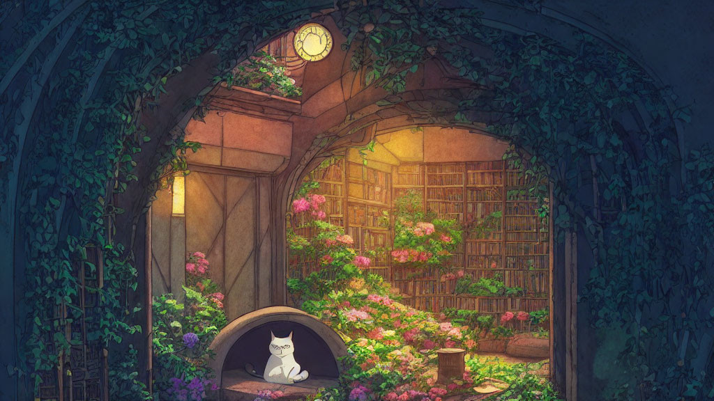 Warmly lit arch-shaped library nook with books, plants, clock, and cat