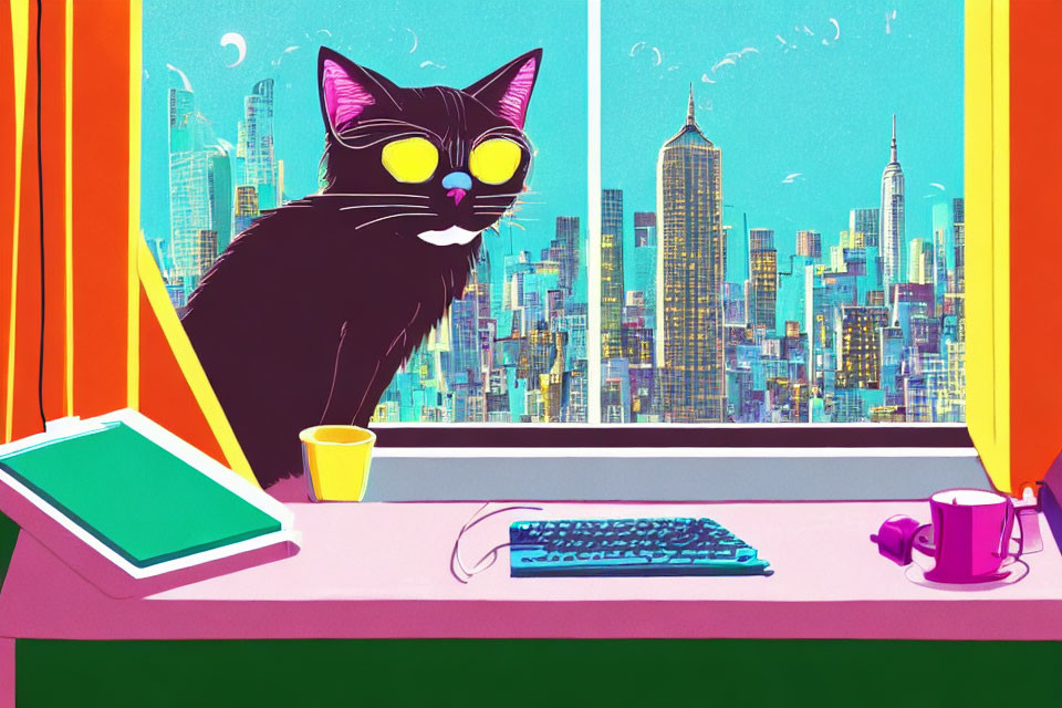 Stylized black cat with yellow glasses by cityscape view, keyboard, and cup
