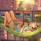 Two Cats Relaxing in Green Hammock with Futuristic Cityscape at Twilight