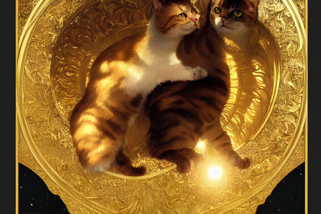 Two cats in celestial design with stars and glowing orb