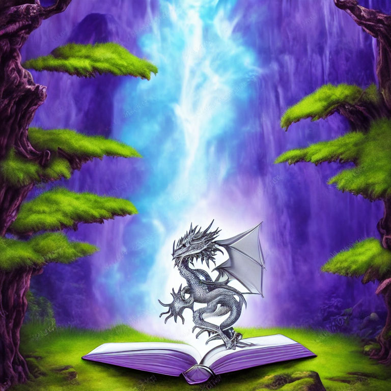Dragon emerging from open book against waterfall backdrop in mystical scene