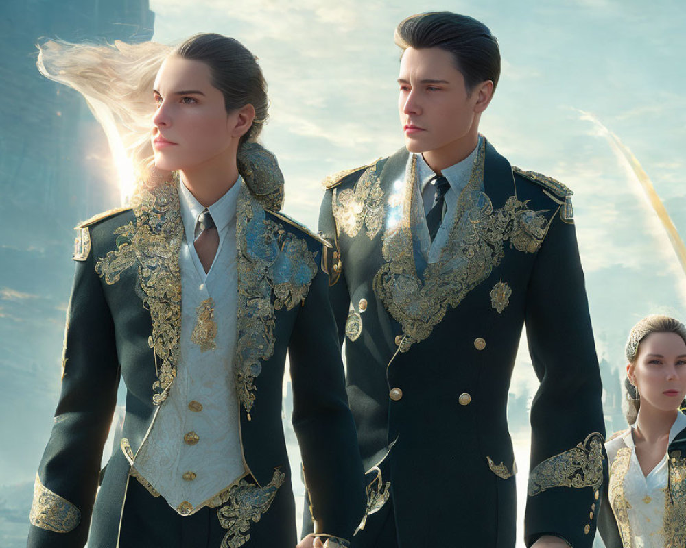 Military-style uniforms in windswept landscape
