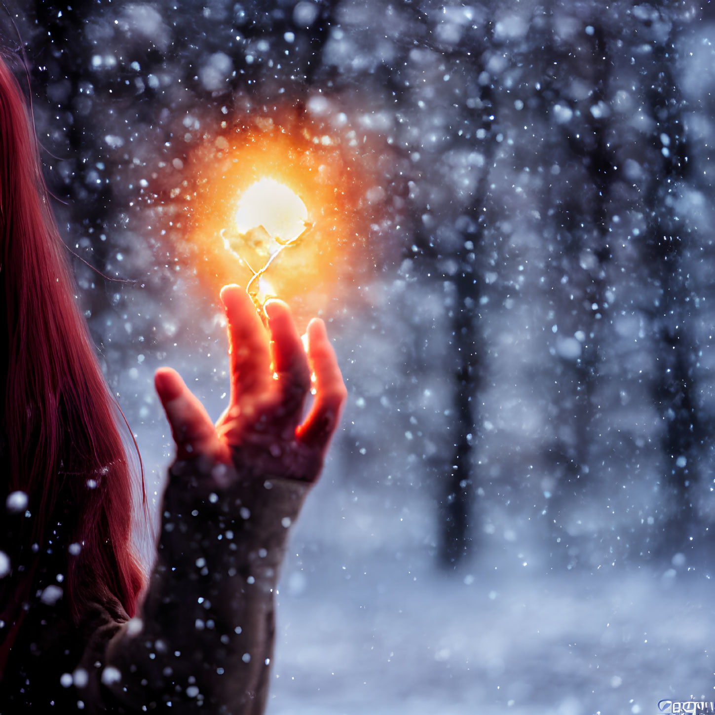 Red-Haired Person Holding Glowing Light Bulb in Snowy Scene