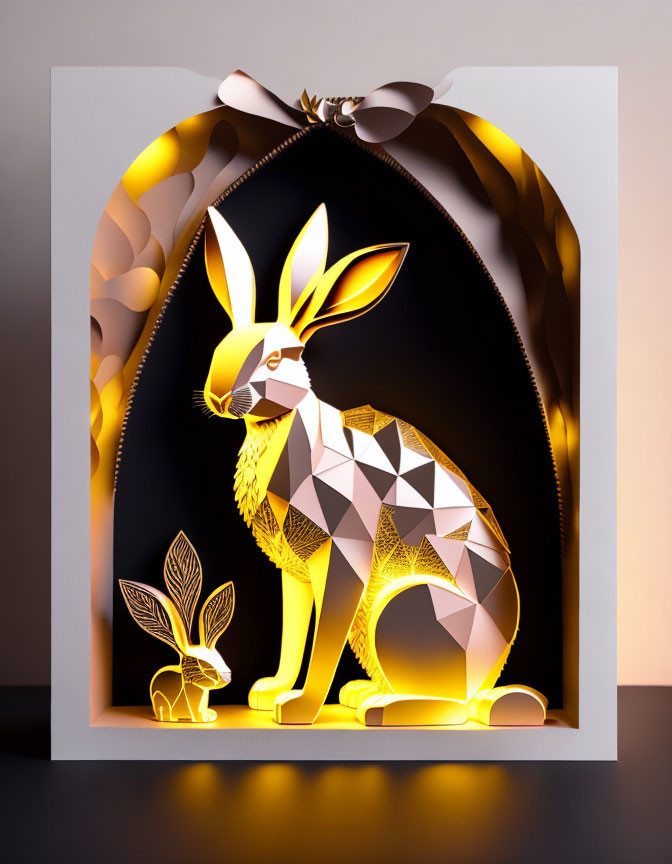 Geometric Rabbit Paper Art with Gold and White Tones in Layered Archway