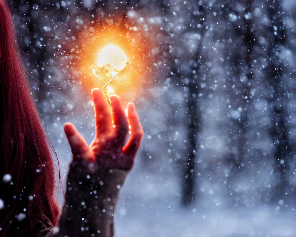 Red-Haired Person Holding Glowing Light Bulb in Snowy Scene