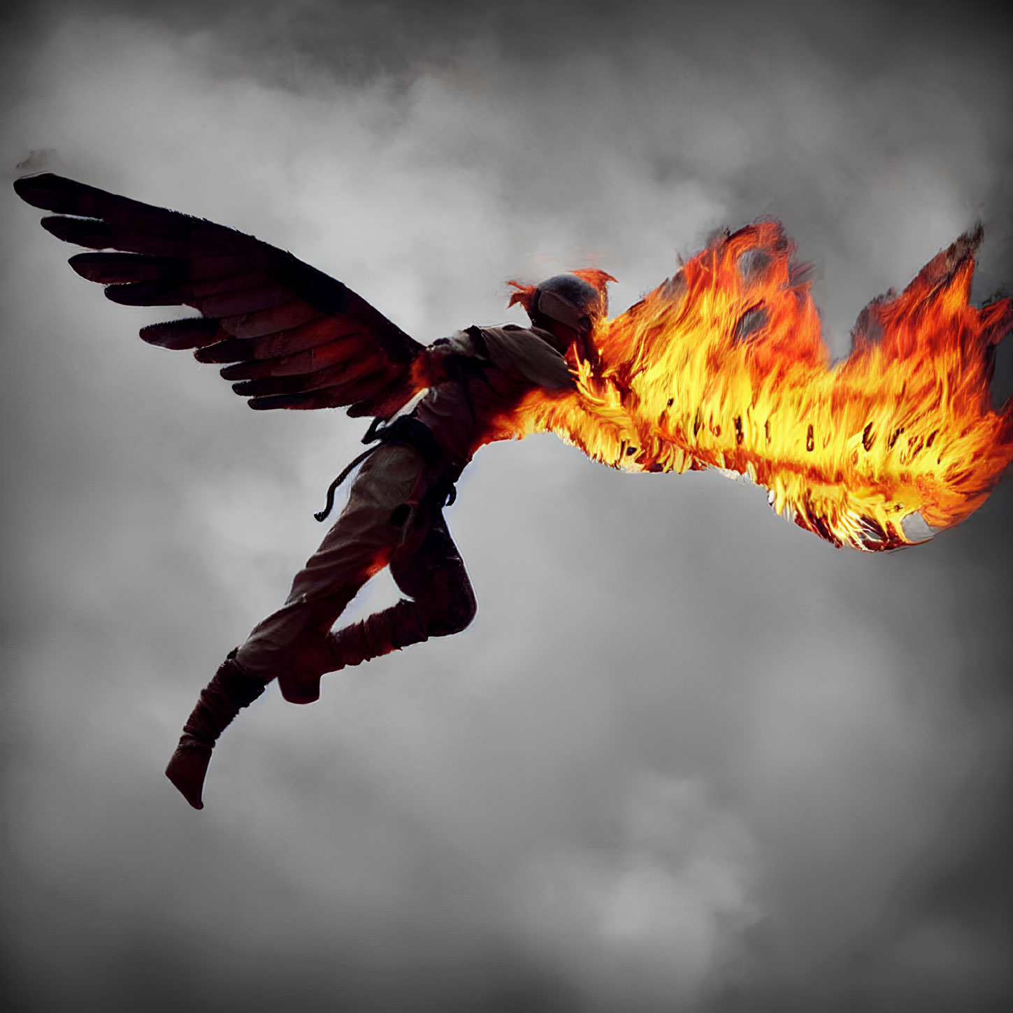 Mythological phoenix with wings and fiery tail against cloudy sky