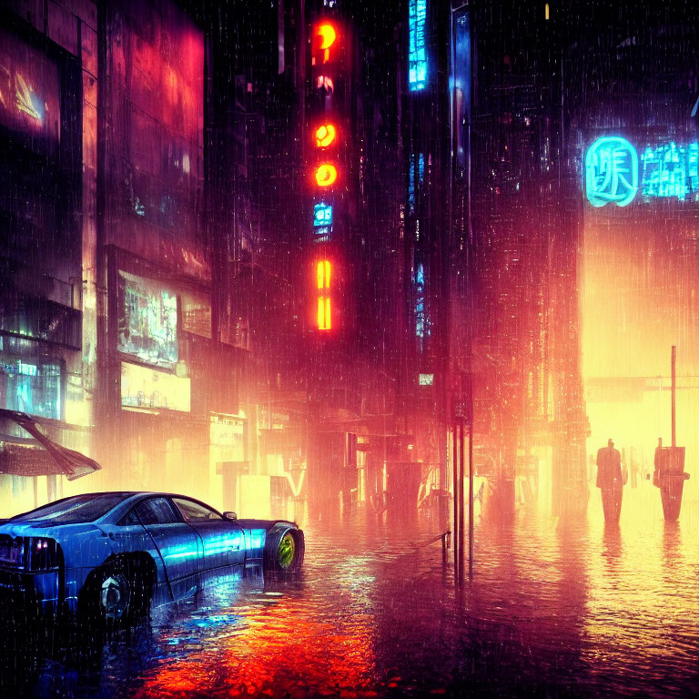 Neon-lit street scene on rainy night with futuristic car and silhouettes.