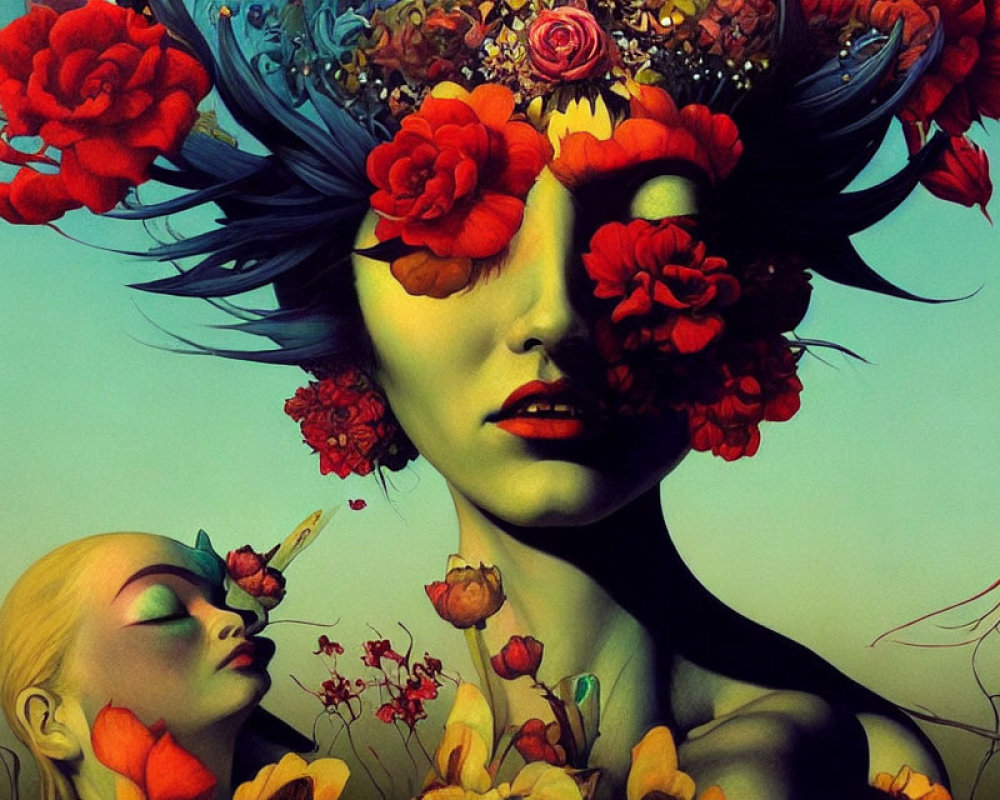 Surreal artwork: Woman's face hidden by red flowers, small figure on shoulder.