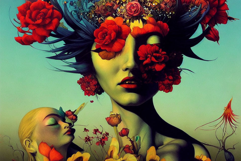 Surreal artwork: Woman's face hidden by red flowers, small figure on shoulder.