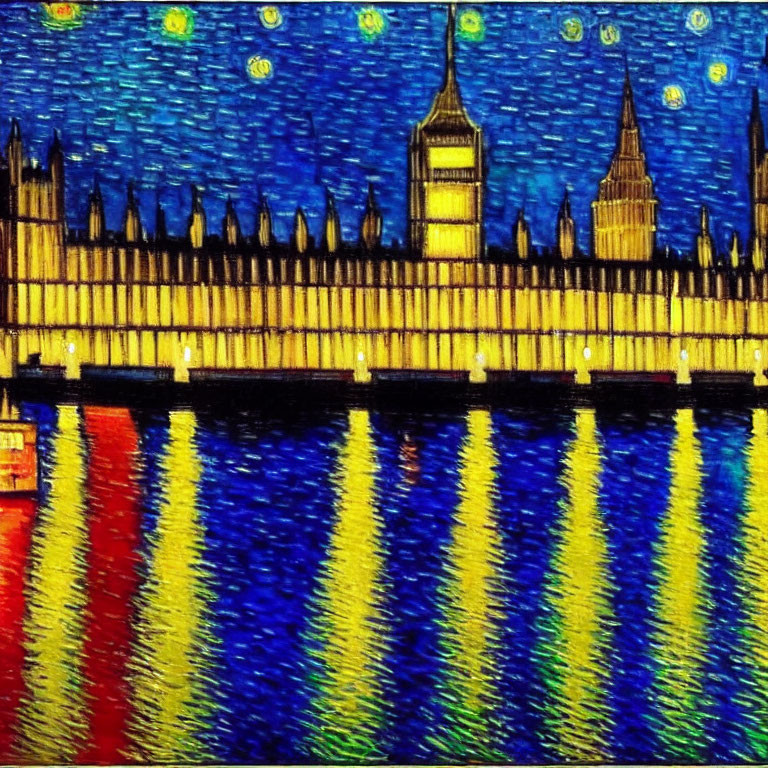 Impressionistic night painting of parliament building with starry sky