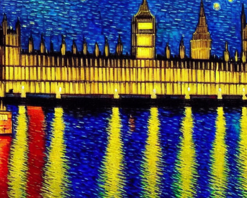 Impressionistic night painting of parliament building with starry sky