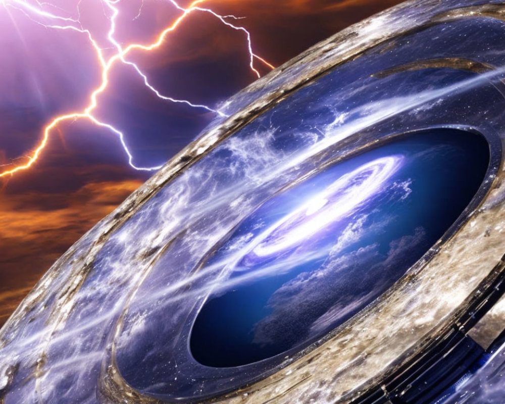 Futuristic ring-shaped structure in stormy sci-fi scene