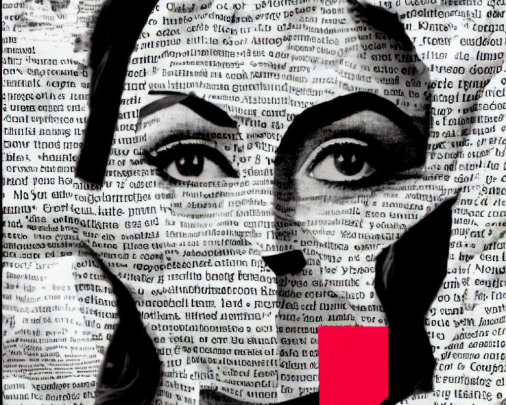 Monochrome woman's eyes and hair collage with red accent and text.