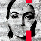 Monochrome woman's eyes and hair collage with red accent and text.