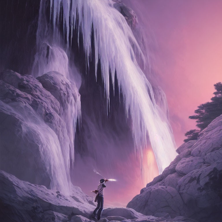 Majestic illuminated waterfall under purple twilight sky