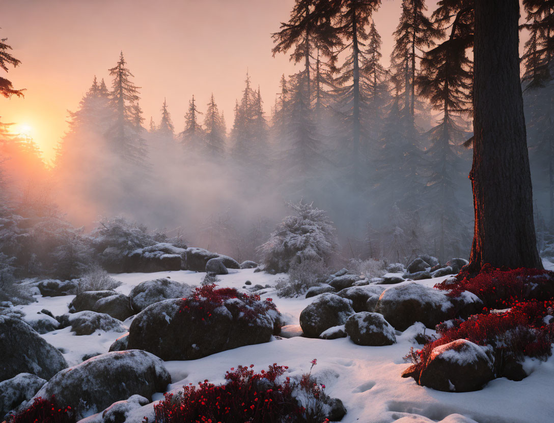 Winter sunrise illuminates misty snow-covered woods with warm light.