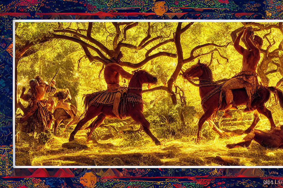 Vibrant artwork of ancient warriors on horseback in combat