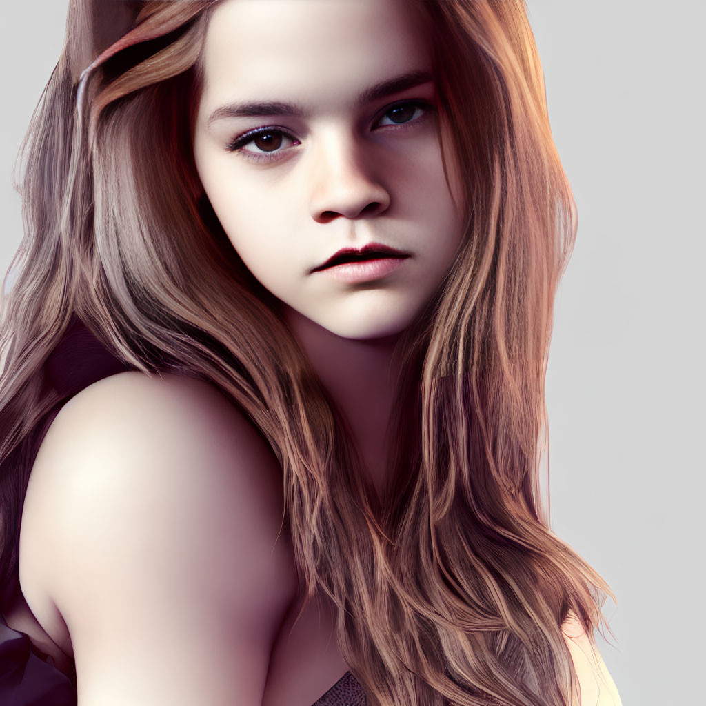 Young woman with long brown hair and intense gaze on light background