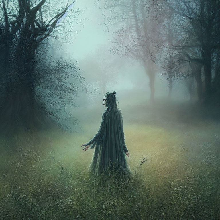 Mystical figure in green cloak in eerie forest with outstretched arms