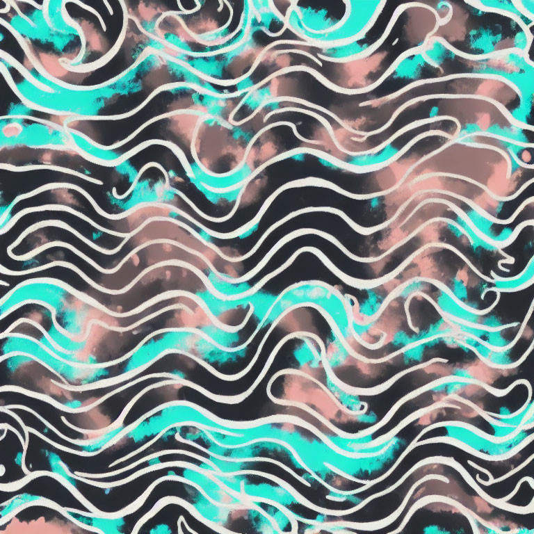 Abstract wavy pattern with black lines and teal & pink brush strokes