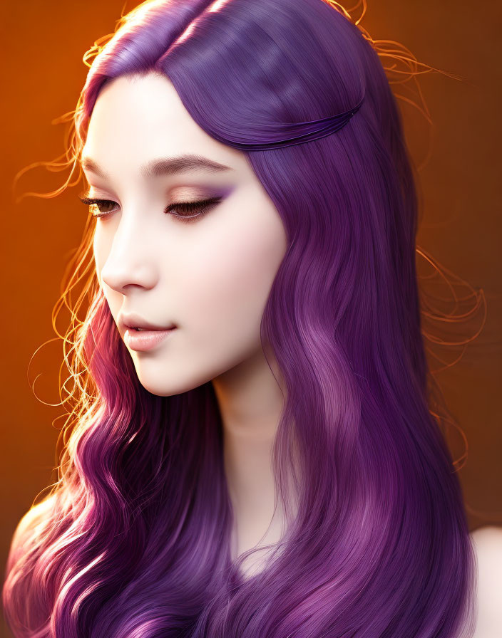 Vivid purple hair portrait on amber background with serene expression
