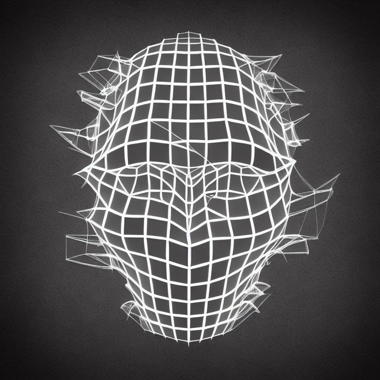 Geometric wireframe model of humanoid face on dark background