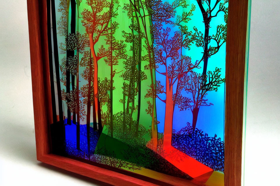 Colorful Rainbow Gradient Tree Silhouette Paper Art in Wooden Frame